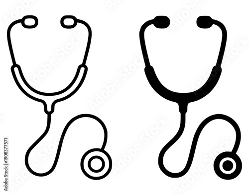 Health and medical icon, simple stethoscope vector illustration, black and white in outline and silhouette design