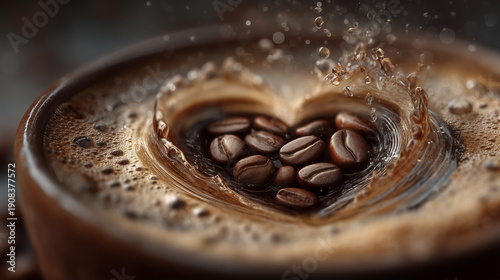 Top view of a hot coffee cup with a heart shape formed by roasted coffee beans on the foamy surface, set against a dark background with visible steam.
