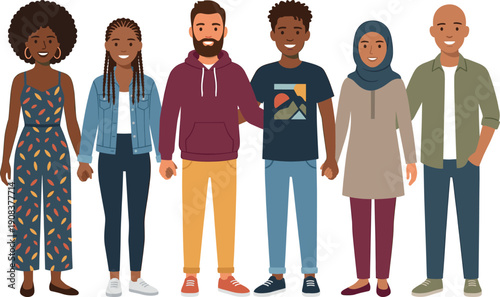 Diverse group of happy multicultural friends and creative colleagues standing together, inclusive community representation in flat vector style