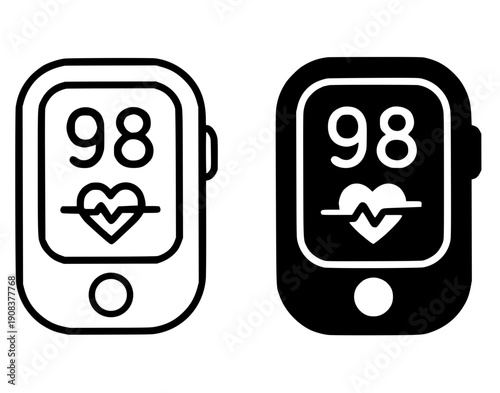 Health and medical icon, vector illustration of pulse oximeter, black and white in outline and silhouette design