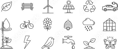Collection of Ecofriendly icons and sustainable living symbols