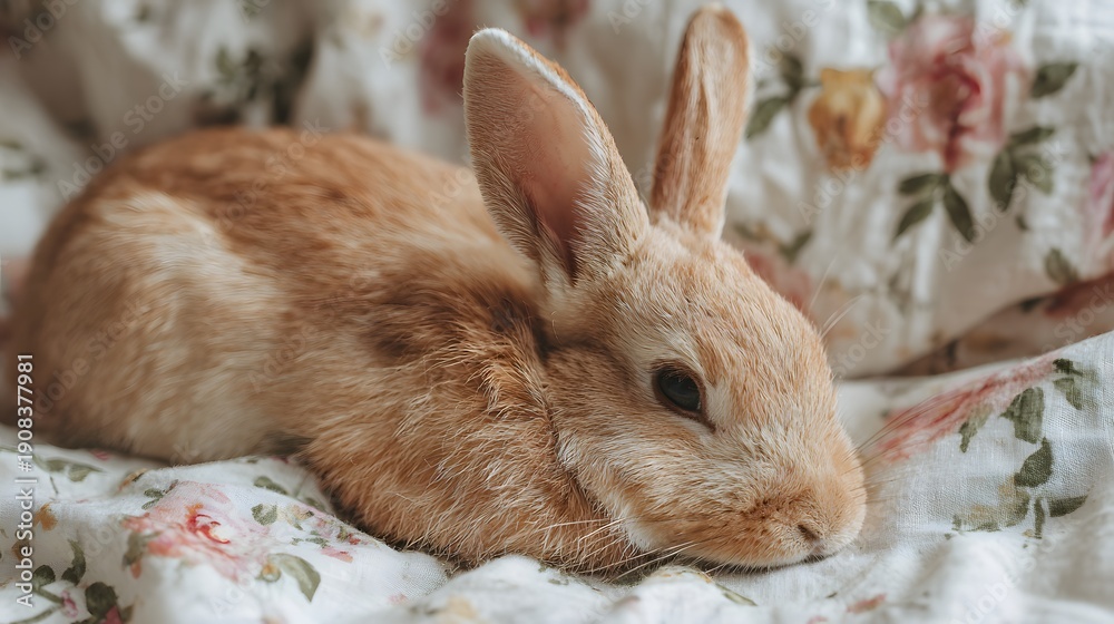 Naklejka premium Adorable Orange Bunny Rabbit Resting on Floral Fabric.