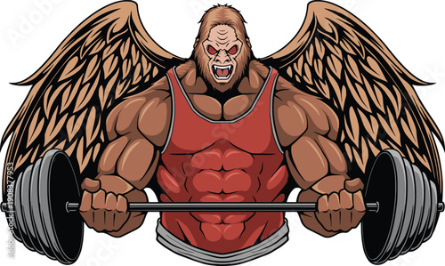 A muscular angel lifting weights with large wings, depicted in a cartoon illustration from a frontal viewpoint.