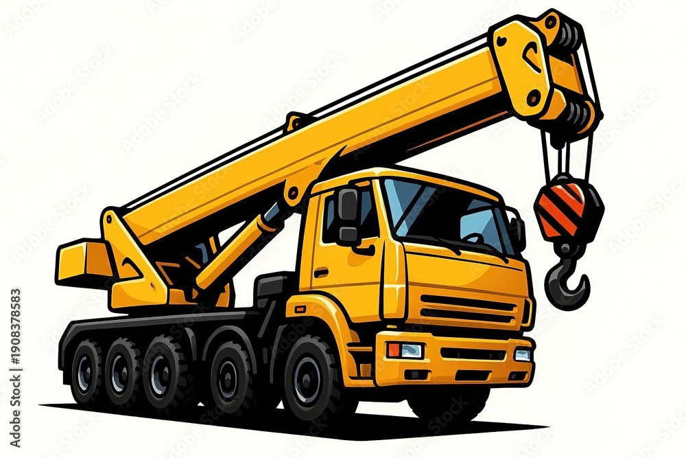 Fototapeta premium A powerful, strong truck crane on wheels. For construction sites and business cards. On white background.