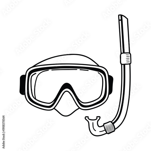 Black and white diving mask with attached snorkel in a minimalist line style scuba gear