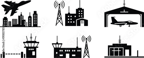Vector, black, icon, set, of, airport, infrastructure, including, control, tower, hangar, airplane, taking, off, over, city, and, radio, communication, tower, for, aviation, design, elements