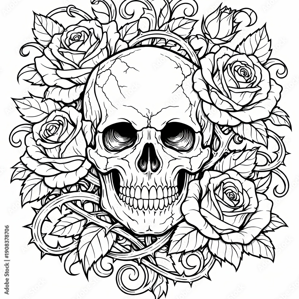 Fototapeta premium Dramatic black and white artwork featuring a central skull framed by blooming roses and twisting thorns, great for tattoo designs, gothic decor, and adult coloring projects.