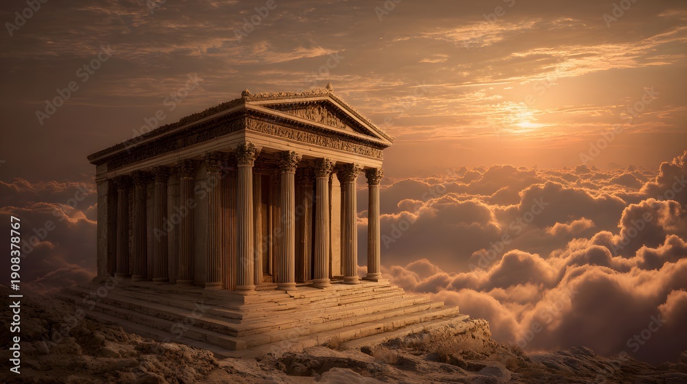 Obraz premium Ancient Greek Temple Rises Above Clouds at Sunset.