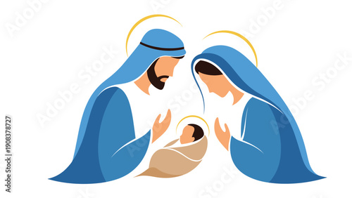 Stylized illustration of the holy family with Joseph and Mary looking at baby Jesus in a stable under a star representing the nativity scene of Christmas.