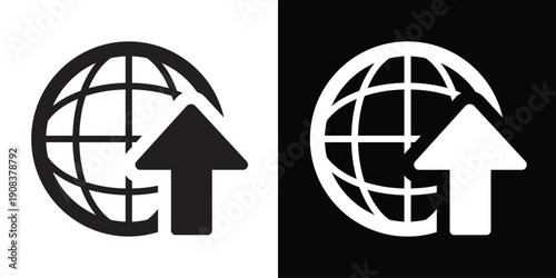 Earth globe icon with an upward arrow, symbolizing global export, international growth, world connectivity, and worldwide upload. Perfect for logistics and global trade concepts.