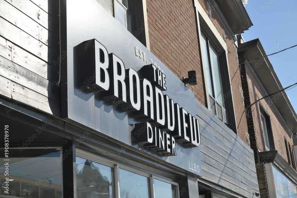Fototapeta premium exterior building facade and sign of The Broadview Diner located at 757 Broadview Av, Toronto