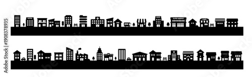 街並みのシルエット素材｜横並びの家と建物 ベクター素材