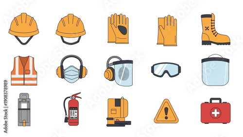 Safety Equipment and Protective Gear Icons Set.