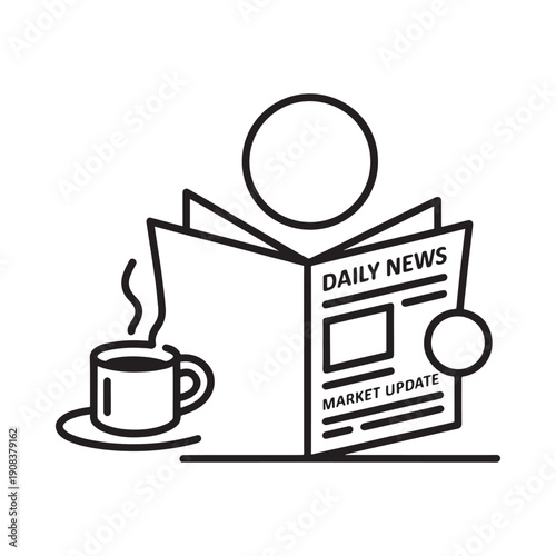 A person reading a newspaper with a cup of coffee beside them
