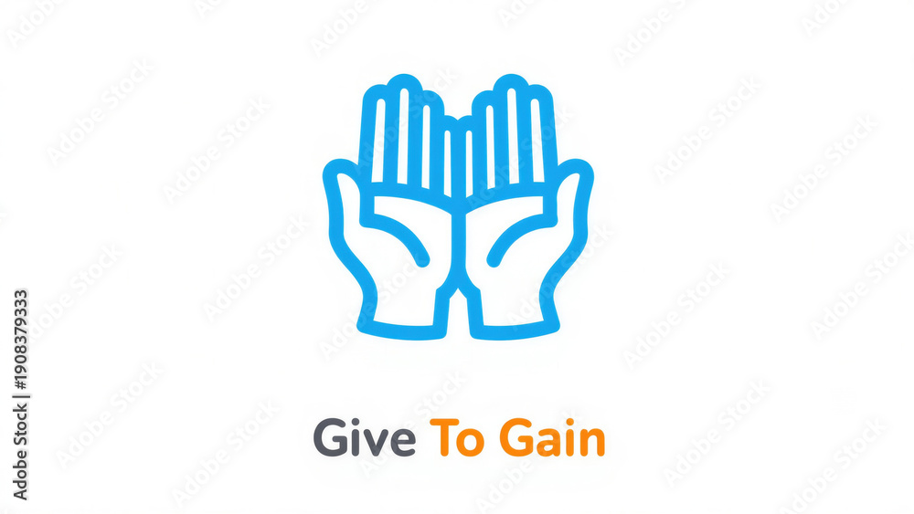Fototapeta premium Two blue hands raised together on white background with give to gain text human connection support helping hands community engagement teamwork collaboration unity positivity charity initiative