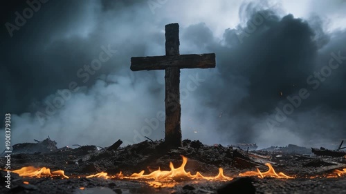 Wooden christian cross standing in burning ruins with flames and heavy smoke, dramatic religion and salvation concept.