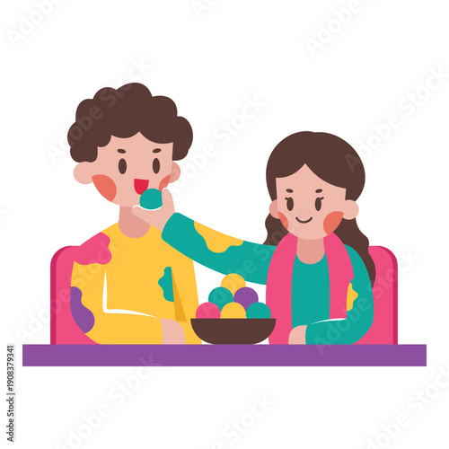 A couple sitting and sharing a meal, enjoying the festive illustration is suitable for Holi Event.
