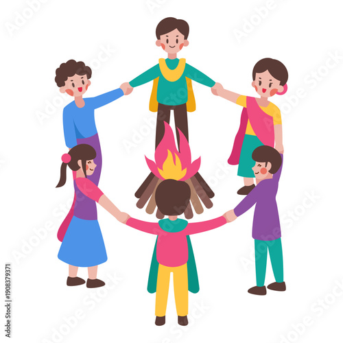 People surrounding a bonfire illustration is suitable for Holi Event.