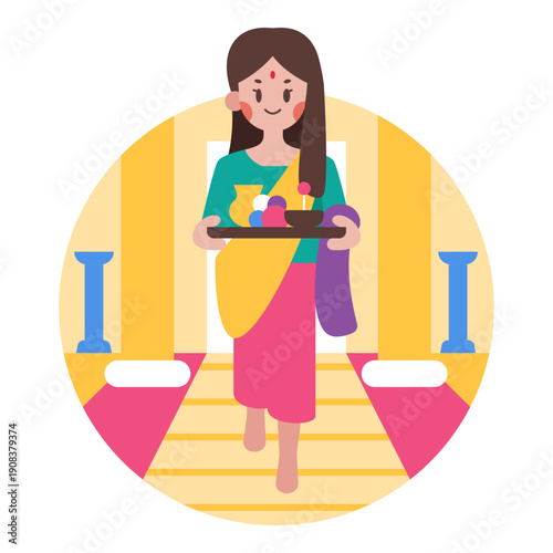 A woman dressed in traditional clothes walking to the temple illustration is suitable for Holi Event.