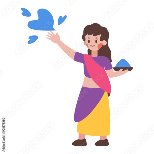 A woman throwing handfuls of colored powder into the air illustration is suitable for Holi Event.