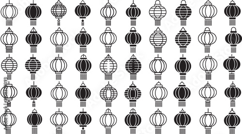 Collection of various hanging lanterns in black and white on plain background