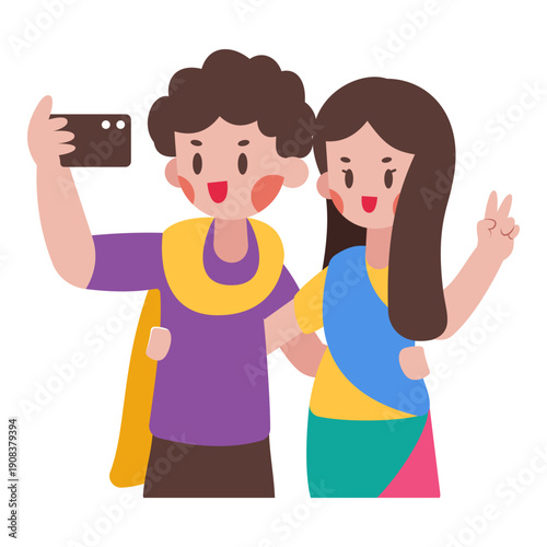Woman and man taking a selfie together illustration is suitable for Holi Event.