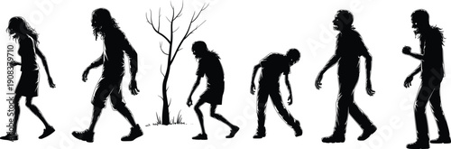 Vector, black, silhouette, illustration, set, of, various, creepy, zombies, walking, past, a, dead, tree, in, different, poses, for, Halloween, horror, and, undead, design, elements (25 words)