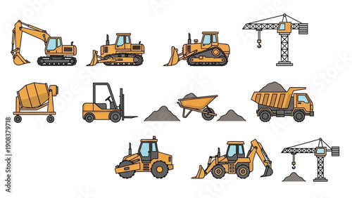Collection of Heavy Construction Machinery Equipment.