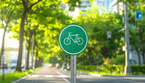 Green circular bicycle lane traffic sign standing on a sunny urban street surrounded by lush green trees and a blurred city background