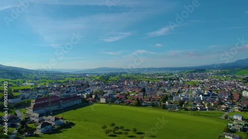 Aerial view of the city Siebnen in Switzerland on a sunny afternoon in summer. 