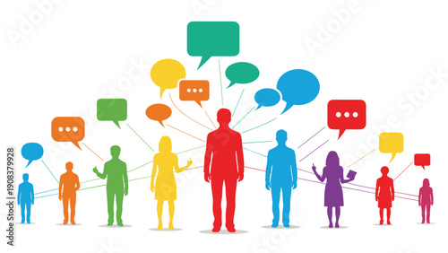 Silhouettes of people connected by lines to a central figure with speech bubbles indicating group interaction and social networking communication concepts.