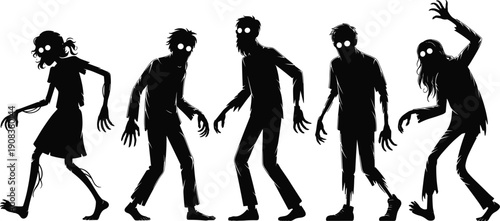 Vector, black, silhouette, illustration, set, of, various, creepy, zombies, with, glowing, eyes, walking, in, different, poses, for, Halloween, horror, and, undead, design, elements