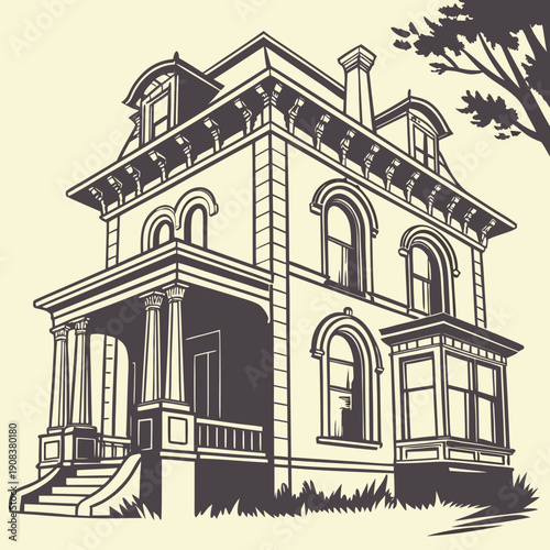 Victorian silhouette old English house building. Georgian mansion manor style homes. Vintage British architecture facade illustration.