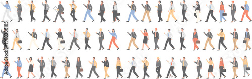 Flat vector illustration of diverse business professionals walking in corporate attire symbolizing workplace diversity, teamwork, collaboration, career, success, progress