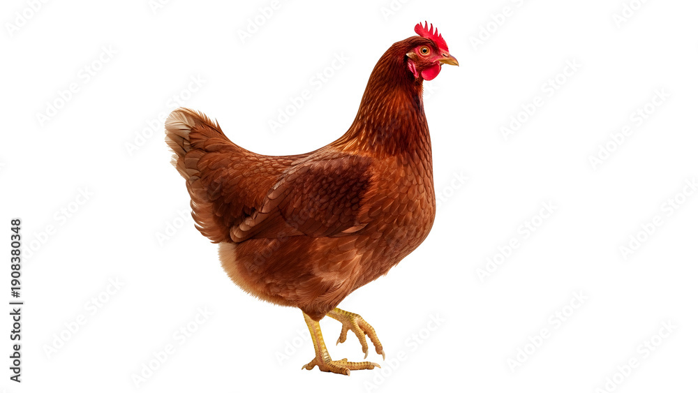 Fototapeta premium Brown hen walking, domestic farm chicken with red comb and wattle, poultry bird isolated on white, Generative Ai
