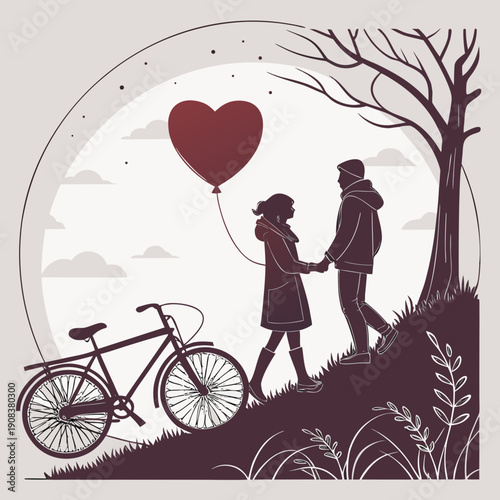 Paper art style vector illustration of a romantic couple holding hands on a cliff with a bicycle and red heart balloon, Valentine's day concept.