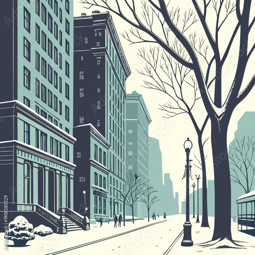 An illustrative depiction of a city street with tall buildings snowy sidewalks and bare trees in a cool color palette