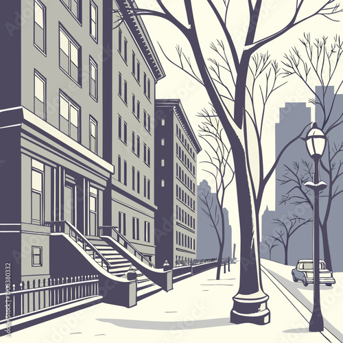 An illustrative depiction of a city street with tall buildings snowy sidewalks and bare trees in a cool color palette