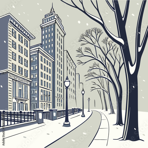 An illustrative depiction of a city street with tall buildings snowy sidewalks and bare trees in a cool color palette