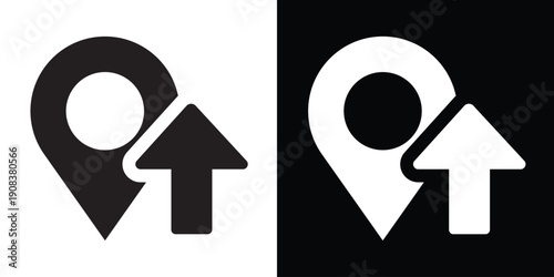 Map pin location icon with up arrow symbol. Vector illustration for navigation, destination upload, rising property values, and GPS tracking. Minimalist black and white design style.