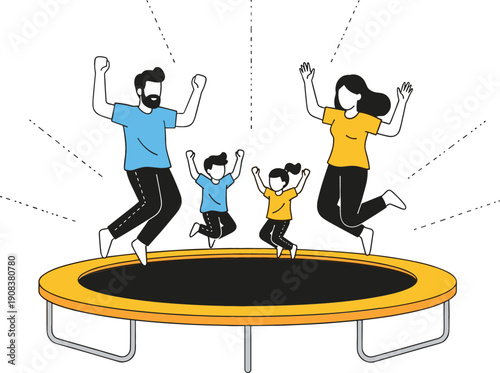 Happy family with two children jumping on outdoor trampoline during summer backyard recreation activity in flat vector style