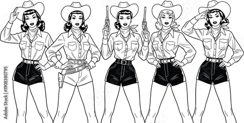 Vintage style line art illustration of five retro pinup cowgirls wearing hats and western outfits while posing with pistols on white background.