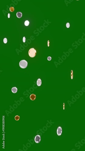 Falling gold and silver coins transparent on green screen and alpha matte. Loop animation. 3d render 4k quality.