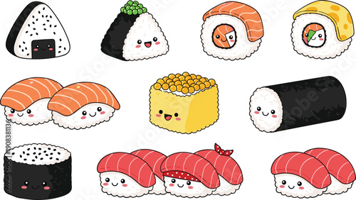 Set of cute kawaii sushi characters including nigiri maki rolls and onigiri with funny smiling faces in flat style
