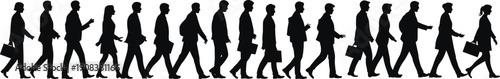 Flat vector illustration of silhouettes of business professionals walking in profile view carrying briefcases symbolizing workforce diversity, commute, teamwork, progress, success