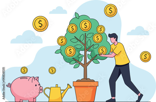 Man harvesting gold dollar coins from a growing money tree with piggy bank and watering can flat vector illustration
