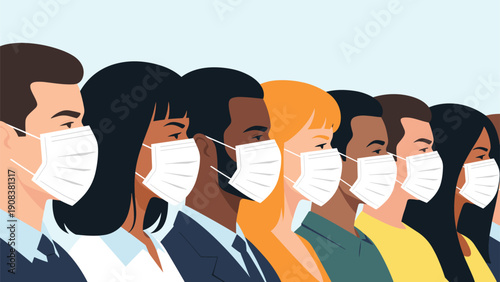 Diverse group of men and women standing in a row while wearing white medical face masks for protection during a global health pandemic or crisis.