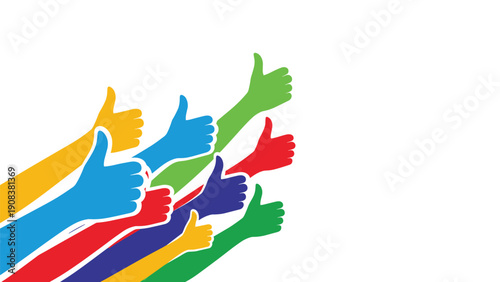 Multiple colorful hands raised from the bottom corner giving a thumbs up sign to indicate approval, success, positive feedback, and group agreement.