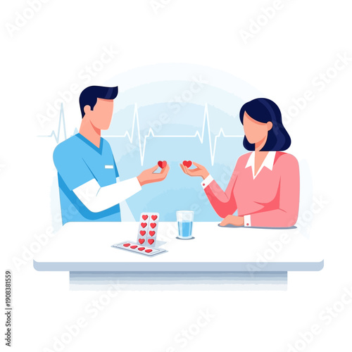 Doctor giving heart pill to patient, cardiology consultation, healthcare and medicine concept