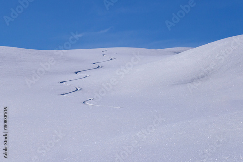 Traccia di una discesa con gli sci in neve fresca
